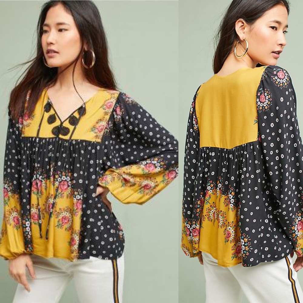 Farm Rio Intarsia Boho Patchwork Peasant Top - Picture 2 of 7
